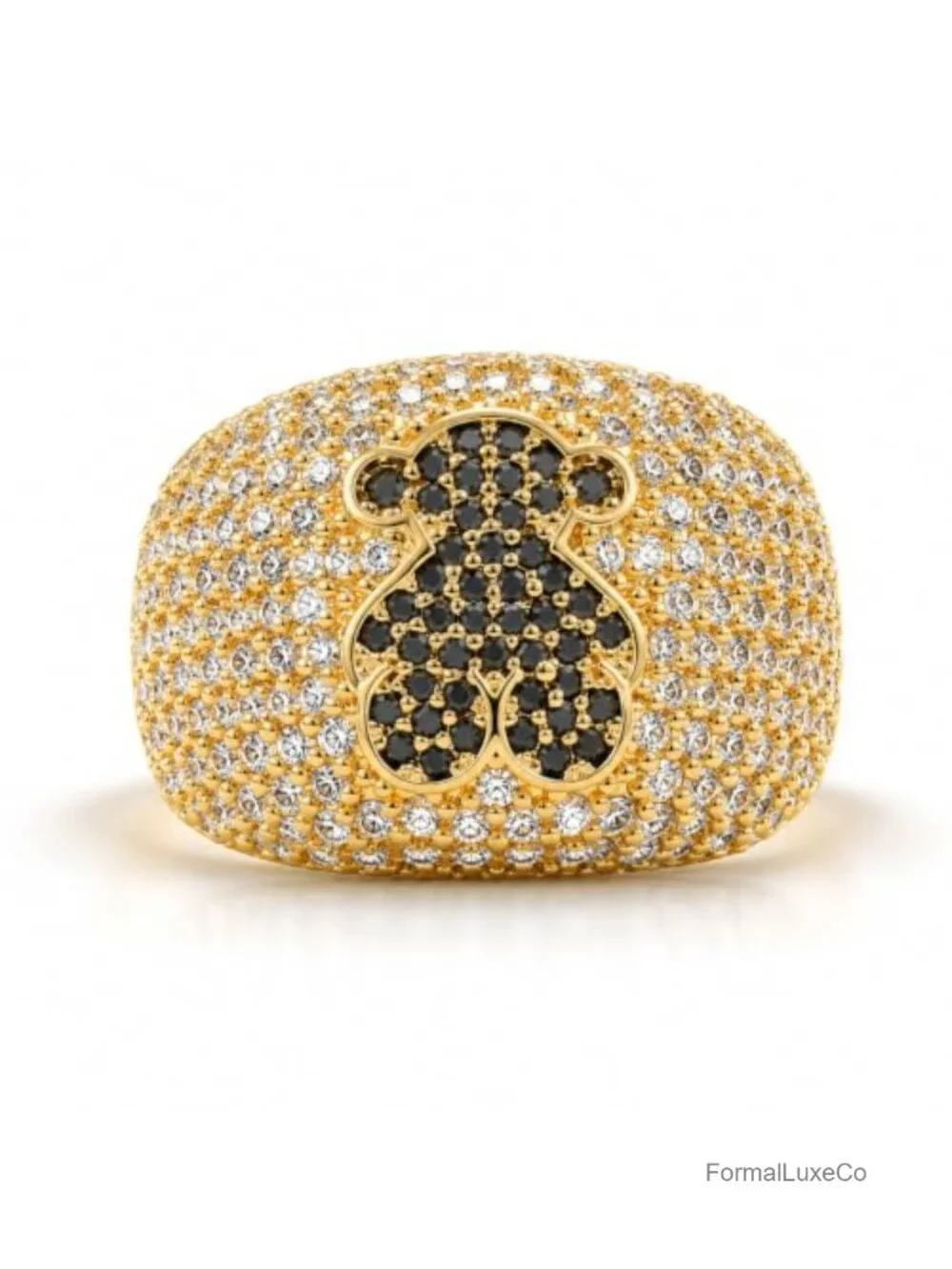 14K Gold Plated Pave CZ Bear Dome Statement Ring Women's Cocktail